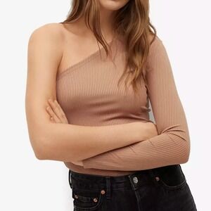 MNG Mango One Shoulder Long Sleeve Top Ribbed Knit Caramel Size Large NEW